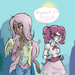 Size: 700x700 | Tagged: safe, artist:glynn, fluttershy, pinkie pie, the return of harmony, angry, clothes, dialogue, discorded, dress, fingerless gloves, flutterbitch, gloves, humanized, observer, scene interpretation, speech bubble, vest, winged humanization