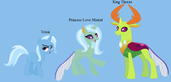 Size: 1420x686 | Tagged: safe, artist:alyssadawnmyers, derpibooru import, thorax, trixie, oc, oc:love mistral, changedling, changeling, changepony, hybrid, base used, blue background, family, female, interspecies offspring, king thorax, male, offspring, parent:thorax, parent:trixie, parents:thoraxie, shipping, simple background, straight, thoraxie