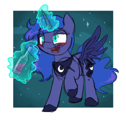 Size: 1002x958 | Tagged: safe, artist:estrill, princess luna, alicorn, pony, alcohol, blushing, drunk, drunk luna, female, levitation, magic, mare, solo, telekinesis