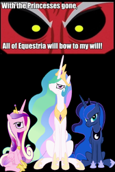 Size: 644x956 | Tagged: safe, lord tirek, princess cadance, princess celestia, princess luna, alicorn, pony, exploitable meme, meme, tirek vs everyone meme