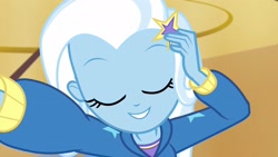 Size: 1920x1080 | Tagged: safe, derpibooru import, screencap, trixie, better together, do it for the ponygram!, equestria girls, barrette, clothes, cute, diatrixes, eyes closed, female, gym, hoodie, selfie, smiling