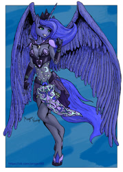 Size: 2515x3507 | Tagged: safe, artist:magarnadge, princess luna, alicorn, anthro, unguligrade anthro, clothes, fingerless gloves, gloves, leotard, nail polish, skirt, smiling, socks, solo, spread wings, thigh highs