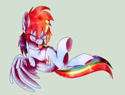 Size: 1420x1080 | Tagged: safe, artist:xenon, rainbow dash, pegasus, pony, on back, solo, tongue out