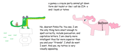 Size: 2652x1132 | Tagged: safe, gummy, pinkie pie, earth pony, pony, beer, comic sans, dialogue, drink, drugs, ms paint, stylistic suck, tattoo, text, toilet