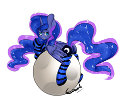 Size: 3436x2737 | Tagged: safe, artist:the---sound, princess luna, alicorn, pony, clothes, moon, moonbutt, plot, prone, socks, solo, striped socks, tangible heavenly object