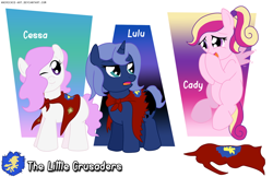 Size: 1024x663 | Tagged: safe, artist:ladyanidraws, princess cadance, princess celestia, princess luna, earth pony, pony, unicorn, series:the little crusaders, age regression, blank flank, cape, cewestia, clothes, cmc cape, earth pony celestia, filly, pegasus cadance, race swap, the little crusaders, trio, unicorn luna, unicorn woona, woona