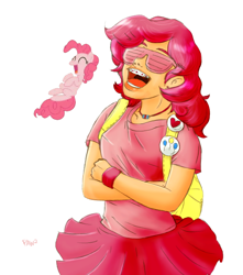 Size: 678x766 | Tagged: safe, artist:gwatsinanggo, pinkie pie, human, braces, clothes, comparison, female, glasses, humanized, simple background, solo, white background