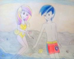 Size: 1005x795 | Tagged: safe, artist:little-miss-oshawott, princess cadance, shining armor, equestria girls, beach, clothes, rock, shell, swimming trunks, swimsuit, topless, traditional art, yellow swimsuit