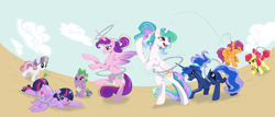 Size: 2100x900 | Tagged: safe, artist:crazypurplebat, artist:kp-shadowsquirrel, apple bloom, princess cadance, princess celestia, princess luna, scootaloo, spike, sweetie belle, twilight sparkle, twilight sparkle (alicorn), alicorn, dragon, pony, :o, :p, alternate hairstyle, balancing, bipedal, cute, cutelestia, cutie mark crusaders, drink, female, floppy ears, frown, grin, grumpy, hoof hold, ice cream, loop-de-hoop, magic, mare, missing accessory, moonbutt, plot, ponytail, stopwatch, tongue out, unamused, watching, whistle