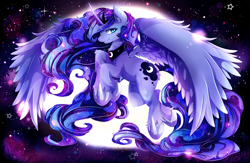 Size: 5120x3340 | Tagged: safe, artist:invidiata, princess luna, alicorn, pony, absurd resolution, chest fluff, flying, large wings, moon, solo, unshorn fetlocks