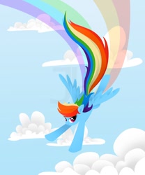 Size: 900x1080 | Tagged: safe, artist:joellethenose, rainbow dash, pegasus, pony, cloud, female, flying, looking at you, mare, rainbow trail, sky, smiling, spread wings, windswept mane, wings