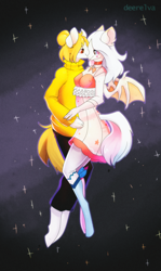 Size: 1140x1916 | Tagged: safe, artist:elvche, oc, oc only, anthro, bat pony, earth pony, unguligrade anthro, blushing, clothes, commission, dress, female, flying, hug, long hair, male, mare, socks, space, stars, stockings, sweater, thigh highs, wings
