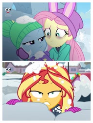 Size: 3106x4096 | Tagged: safe, derpibooru import, edit, edited screencap, screencap, fluttershy, sunset shimmer, trixie, better together, equestria girls, holidays unwrapped, comic, out of context, plusplus, screencap comic, snow, winter outfit