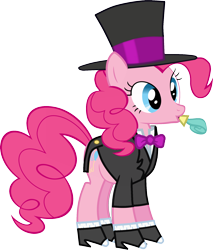 Size: 1600x1879 | Tagged: dead source, safe, artist:antaruv, pinkie pie, earth pony, pony, party of one, bowtie, clothes, hat, noisemaker, party horn, shoes, simple background, solo, spats, suit, top hat, transparent background, tuxedo, vector