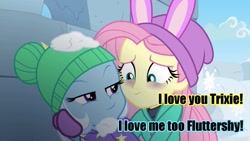 Size: 1440x810 | Tagged: safe, derpibooru import, edit, edited screencap, screencap, fluttershy, trixie, better together, equestria girls, holidays unwrapped, bags under eyes, bunny ears, caption, female, image macro, lesbian, love, meme, out of context, self love, shipping, shipping fuel, snow, text, trixie yells at everything, trixieshy, winter outfit