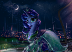 Size: 1200x877 | Tagged: safe, artist:eriadu, color edit, edit, princess luna, alicorn, pony, alternate hairstyle, city, clothes, dress, necklace, night, smiling, solo, stars