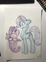 Size: 3024x4032 | Tagged: safe, artist:bilbo1, derpibooru import, starlight glimmer, trixie, pony, unicorn, angry, clothes, female, hat, mare, surprised, tired, traditional art, trixie's hat