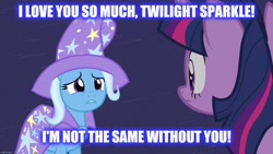 Size: 1280x720 | Tagged: safe, derpibooru import, edit, edited screencap, screencap, trixie, twilight sparkle, unicorn twilight, pony, unicorn, magic duel, female, lesbian, shipping, twixie