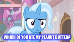 Size: 1366x768 | Tagged: safe, derpibooru import, trixie, pony, unicorn, blue coat, female, food, horn, mare, peanut butter, solo, two toned mane