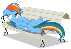 Size: 2000x1372 | Tagged: dead source, safe, artist:clitical-hit, rainbow dash, pegasus, pony, lesson zero, bench, eyeroll, floppy ears, lying down, on back, simple background, solo, transparent background, vector