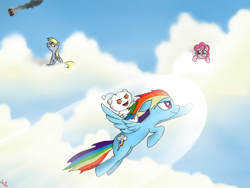 Size: 1024x768 | Tagged: safe, artist:jel0z, derpy hooves, pinkie pie, rainbow dash, earth pony, pegasus, pony, cloud, doctor who, female, flying, mare, on fire, reddit, riding, snoo, tardis