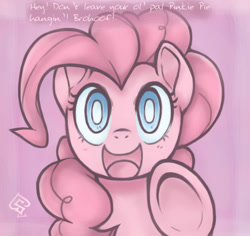 Size: 583x550 | Tagged: dead source, safe, artist:soulspade, part of a set, pinkie pie, earth pony, pony, cute, diapinkes, fourth wall, hoofbump, pink, smiling, solo, text, underhoof