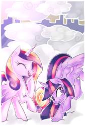 Size: 1024x1511 | Tagged: safe, artist:kaji-tanii, princess cadance, twilight sparkle, twilight sparkle (alicorn), alicorn, pony, cloud, cloudy, female, flying lesson, laughing, mare