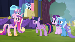 Size: 1920x1080 | Tagged: safe, derpibooru import, screencap, princess cadance, princess flurry heart, starlight glimmer, trixie, twilight sparkle, twilight sparkle (alicorn), alicorn, pony, unicorn, road to friendship, baby, baby pony, female, mare, outdoors, stage