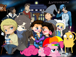 Size: 960x720 | Tagged: safe, artist:lumpingmath, pinkie pie, adventure time, bbc sherlock, crossover, england, finn the human, hetalia, humanized, jake the dog, john watson, korra, mako, mordecai, pedobear, regular show, sherlock holmes, tardis, torchwood, wat, welcome to the internet