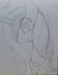 Size: 994x1280 | Tagged: safe, artist:swordkirby, princess cadance, alicorn, pony, grayscale, heart, monochrome, profile, solo, traditional art