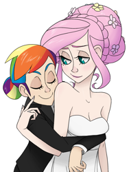 Size: 1024x1365 | Tagged: safe, artist:thelivingmachine02, fluttershy, rainbow dash, alternate hairstyle, bedroom eyes, cleavage, clothes, dress, eyes closed, female, flower, flower in hair, flutterdash, hug, humanized, lesbian, poking, shipping, smiling, wedding