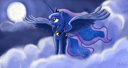 Size: 1366x728 | Tagged: safe, artist:gaelledragons, princess luna, alicorn, pony, cloud, moon, night, solo, spread wings