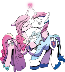 Size: 5000x5529 | Tagged: safe, artist:andypriceart, artist:irisiter, princess cadance, shining armor, alicorn, pony, unicorn, spoiler:comic, spoiler:comic12, absurd resolution, clothes, dress, eyes closed, female, floppy ears, heart, horns are touching, kissing, male, shiningcadance, shipping, simple background, straight, transparent background, vector