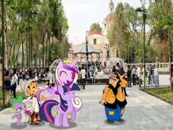 Size: 1024x768 | Tagged: safe, artist:reaver75, princess cadance, spike, twilight sparkle, alicorn, dragon, pony, cantinflas, capulina, mexico city