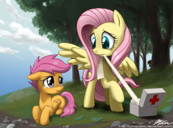 Size: 1200x889 | Tagged: safe, artist:johnjoseco, fluttershy, rainbow dash, scootaloo, pegasus, pony, bandage, crying, first aid kit, implied scootabuse