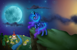 Size: 2570x1670 | Tagged: safe, artist:pannalapa, princess luna, alicorn, pony, magic, moon, moonrise, night, ponyville, raised hoof, solo, stars