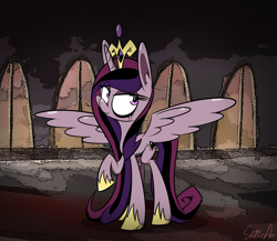 Size: 1500x1300 | Tagged: safe, artist:slitherpon, princess cadance, alicorn, pony, corrupted, dark, moody mark crusaders, queen cadance, raised hoof, smiling, solo, spread wings