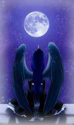 Size: 540x909 | Tagged: safe, artist:zoe-productions, princess luna, human, clothes, dress, horned humanization, humanized, moon, night, rear view, solo, spread wings, winged humanization