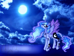 Size: 1024x771 | Tagged: safe, artist:sweetheart-arts, princess luna, alicorn, pony, chest fluff, moon, night, solo