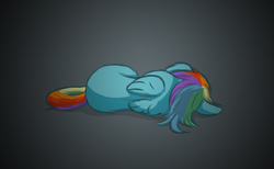 Size: 1294x797 | Tagged: safe, artist:fyxe, rainbow dash, pegasus, pony, female, gradient background, mare, on side, rear view, sad