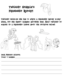 Size: 1200x1448 | Tagged: safe, artist:renofox, applejack, derpy hooves, princess luna, rainbow dash, twilight sparkle, alicorn, earth pony, pegasus, pony, activity book, airship, grill, hindenburg, parody, text, zeppelin