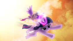 Size: 1920x1080 | Tagged: safe, artist:90sigma, artist:equestriandeviants, artist:masem, princess cadance, twilight sparkle, twilight sparkle (alicorn), alicorn, pony, cloud, cloudy, female, flying, magic, mare, vector, wallpaper