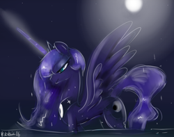 Size: 1166x920 | Tagged: safe, artist:nadvgia, princess luna, alicorn, pony, magic, moon, night, solo, spread wings, water, wet