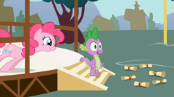 Size: 1023x573 | Tagged: safe, screencap, pinkie pie, spike, dragon, earth pony, pony, duo, female, male, mare, pink coat, pink mane