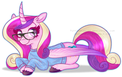 Size: 826x523 | Tagged: safe, artist:frostedpuffs, princess cadance, alicorn, pony, clothes, curved horn, glasses, prone, solo, sweater