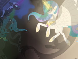 Size: 1024x768 | Tagged: source needed, useless source url, safe, artist:theantsden, discord, nightmare moon, princess celestia, queen chrysalis, alicorn, changeling, changeling queen, pony