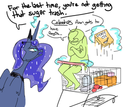 Size: 1366x1163 | Tagged: safe, artist:nobody, princess luna, oc, oc:anon, human, dialogue, magic, maternaluna, shopping, shopping cart, telekinesis