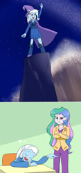 Size: 1500x3200 | Tagged: safe, artist:mew-me, derpibooru import, princess celestia, principal celestia, trixie, equestria girls, celestia is not amused, cute, diatrixes, dream, dream bubble, eyes closed, fantasia, open mouth, sleeping, sleeping in class, the sorcerer's apprentice, this will end in detention, unamused