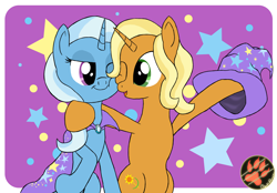 Size: 3200x2223 | Tagged: safe, artist:darkprinceismyname, derpibooru import, sunflower spectacle, trixie, pony, unicorn, abstract background, duo, duo female, female, like mother like daughter, mare, mother and child, mother and daughter, parent and child, smiling