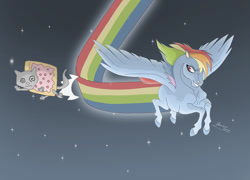 Size: 900x649 | Tagged: safe, artist:almairis, rainbow dash, pegasus, pony, duo, female, mare, nyan cat, nyan dash, rainbow trail, space, speed trail, swirly eyes